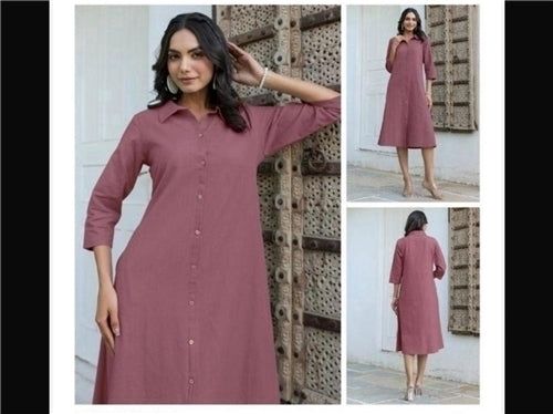 Jenesiya Mauve Solid A-Line Shirt Dress — Cotton Blend with 3/4 Sleeves