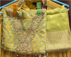 Lime Yellow &amp; Aqua Chevron Embroidered Silk Dress Material | Zari Pearl Resham | Woven Zari Dupatta | Festive