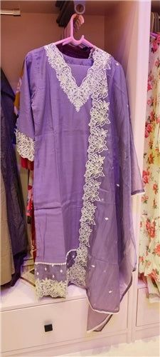 Lavender Lace 3 Pc Suit Set Kurta, Pants &amp; Dupatta, Colour: Lavender, Fabric: Other, Size: L
