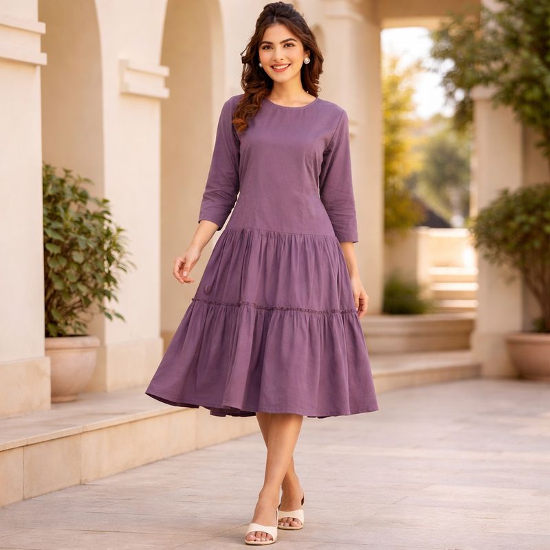 Jenesiya Solid Deep Purple Tiered Midi Dress — Cotton with Waist Tie &amp; Tiered Hem