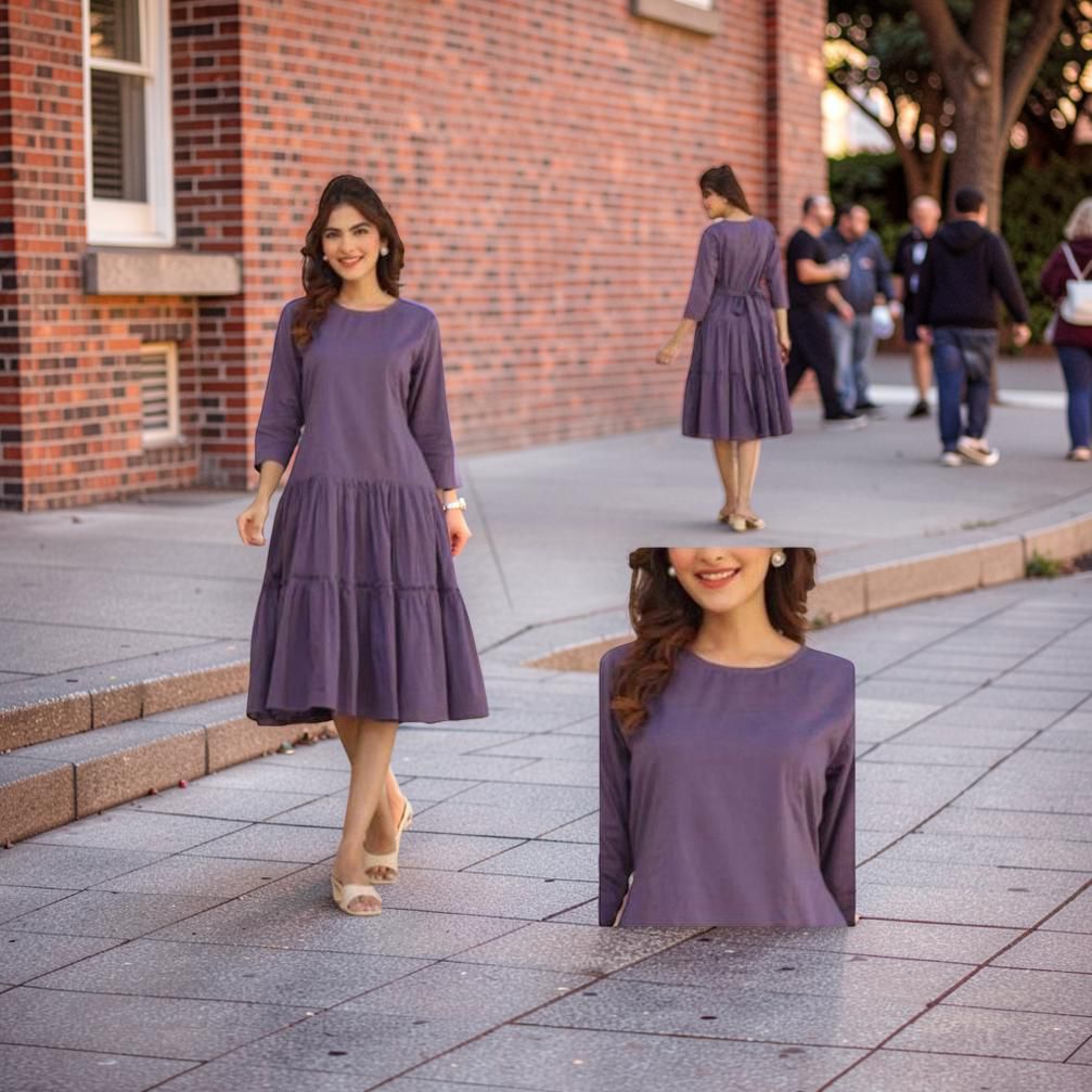 Jenesiya Solid Deep Purple Tiered Midi Dress — Cotton with Waist Tie &amp; Tiered Hem, Colour: Solid Deep Purple, Fabric: Cotton, Size: S