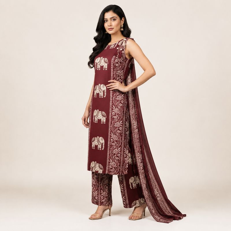 Maroon Elephant Print Cotton Sleeveless Kurta Pant Co-ord Set for Women