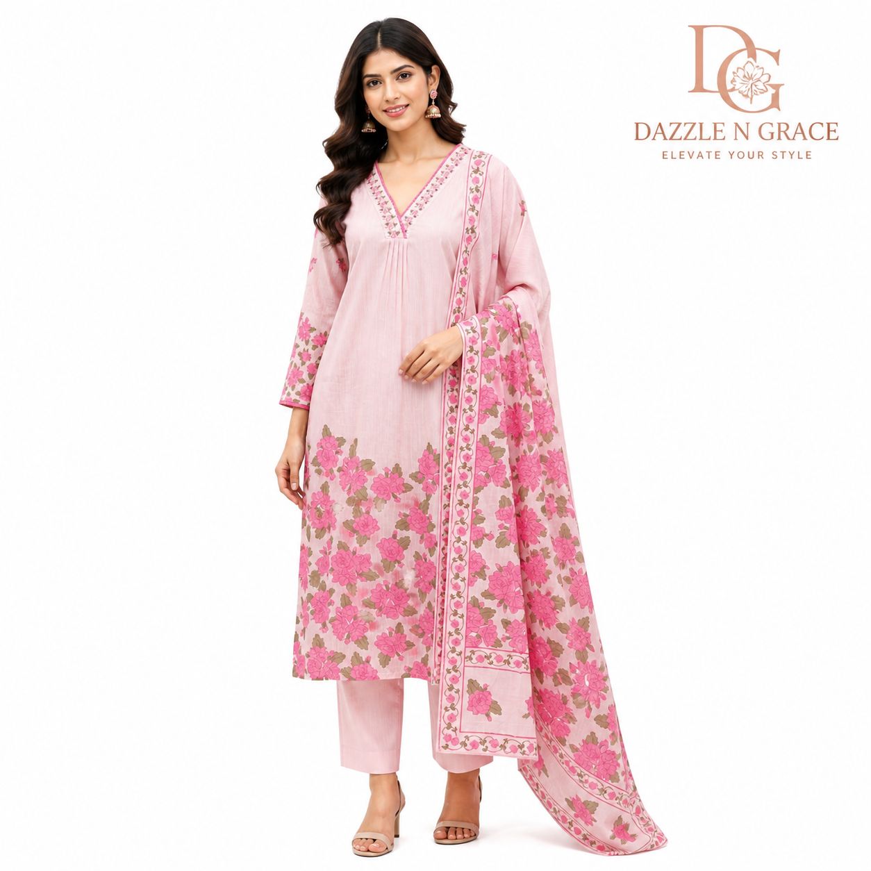 Aesha Pink Floral Printed Kurti with Pant &amp; Dupatta Set | Casual Festive Ethnic Wear