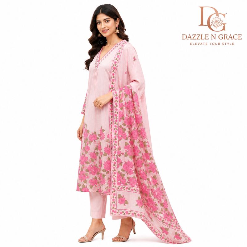 Aesha Pink Floral Printed Kurti with Pant &amp; Dupatta Set | Casual Festive Ethnic Wear