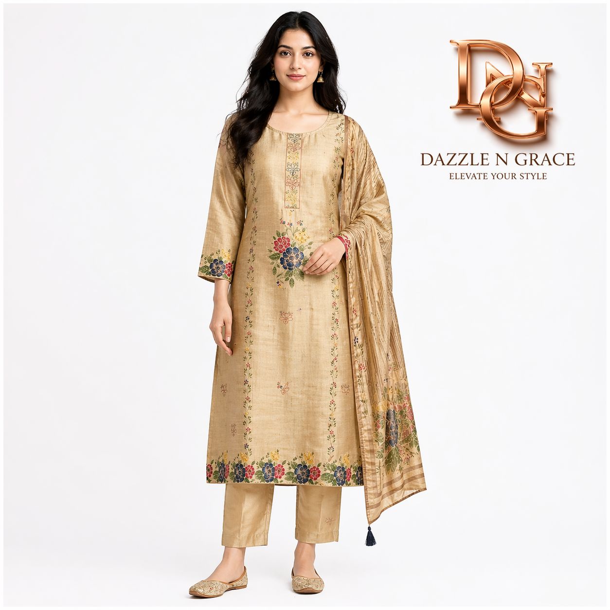Antique Gold Multi-Floral Sequin 3-Piece Suit Set | Kurta, Satin Pants &amp; Tassel Dupatta | Wedding Wear