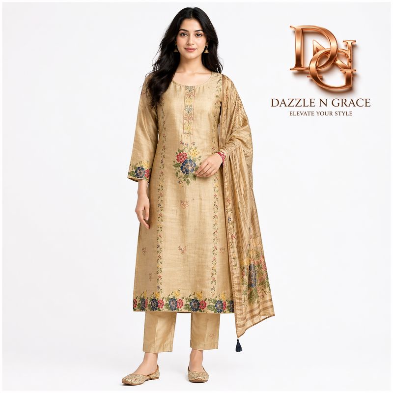 Antique Gold Multi-Floral Sequin 3-Piece Suit Set | Kurta, Satin Pants &amp; Tassel Dupatta | Wedding Wear