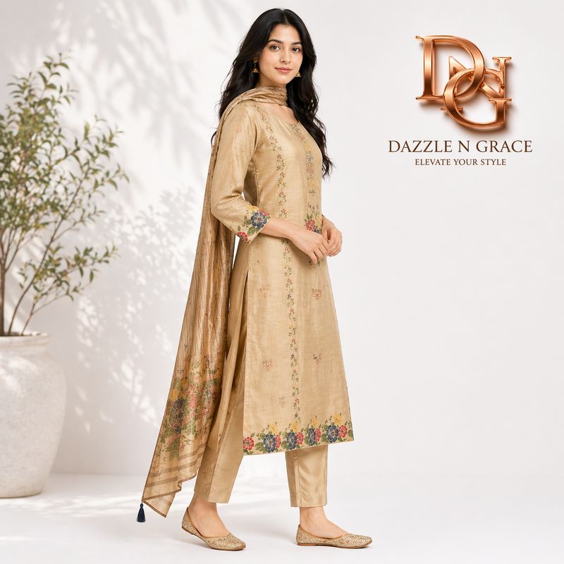 Antique Gold Multi-Floral Sequin 3-Piece Suit Set | Kurta, Satin Pants &amp; Tassel Dupatta | Wedding Wear