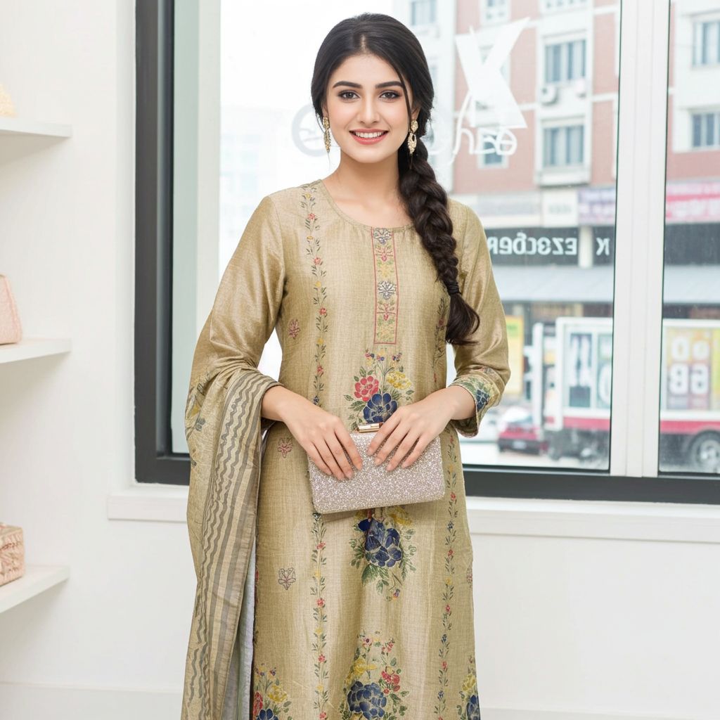 Antique Gold Multi-Floral Sequin 3-Piece Suit Set | Kurta, Satin Pants &amp; Tassel Dupatta | Wedding Wear, Colour: Golden, Fabric: Satin, Size: M