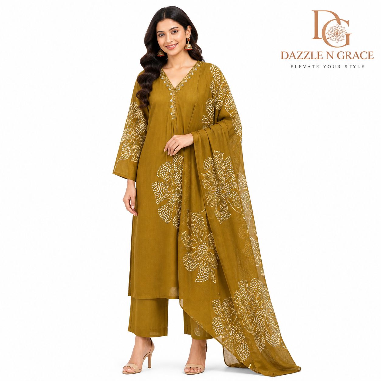 Aesha Mustard Yellow Floral Printed Kurti with Pant &amp; Dupatta Set | Festive Ethnic Wear