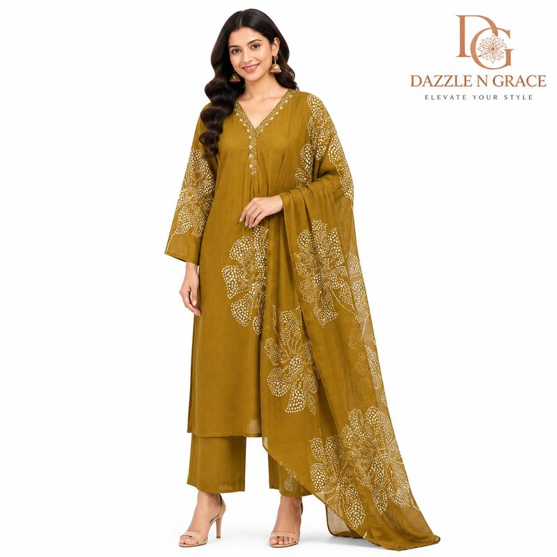 Aesha Mustard Yellow Floral Printed Kurti with Pant &amp; Dupatta Set | Festive Ethnic Wear