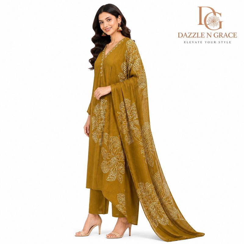Aesha Mustard Yellow Floral Printed Kurti with Pant &amp; Dupatta Set | Festive Ethnic Wear