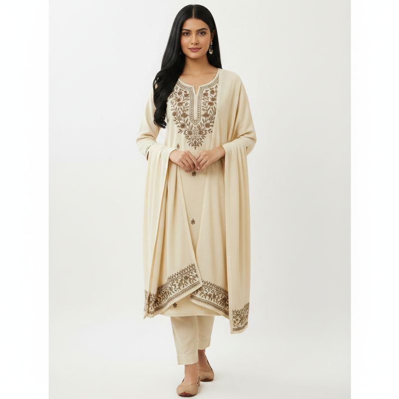 Aesha Cream Embroidered Kurti with Pant &amp; Dupatta Set