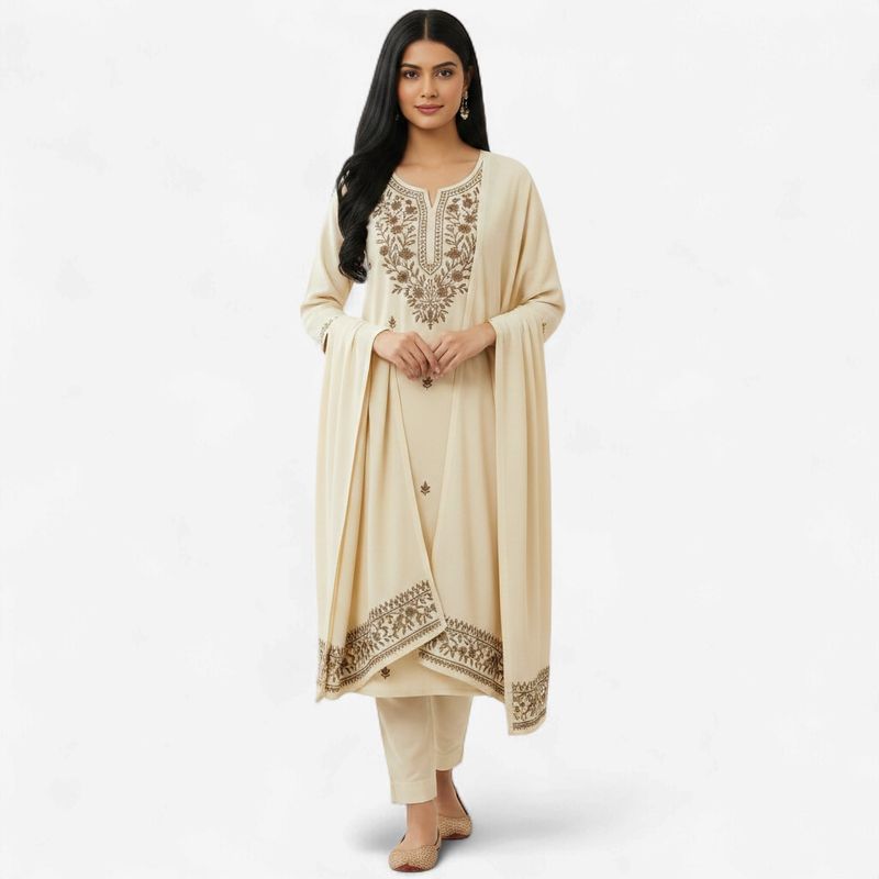 Aesha Cream Embroidered Kurti with Pant &amp; Dupatta Set