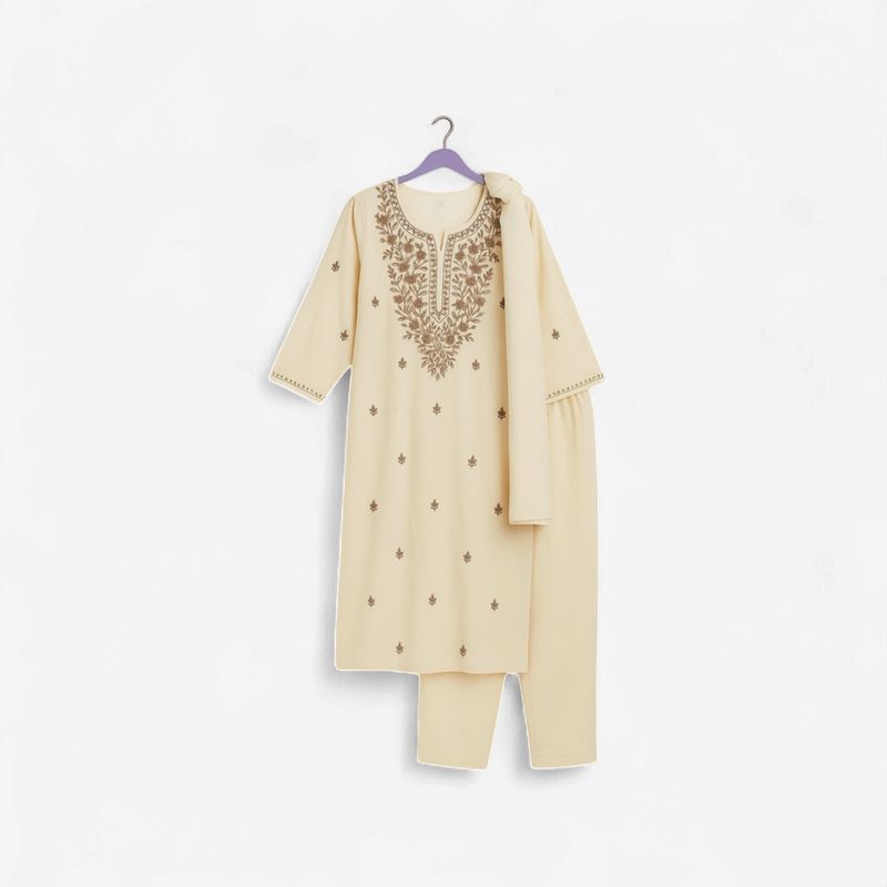 Aesha Cream Embroidered Kurti with Pant &amp; Dupatta Set