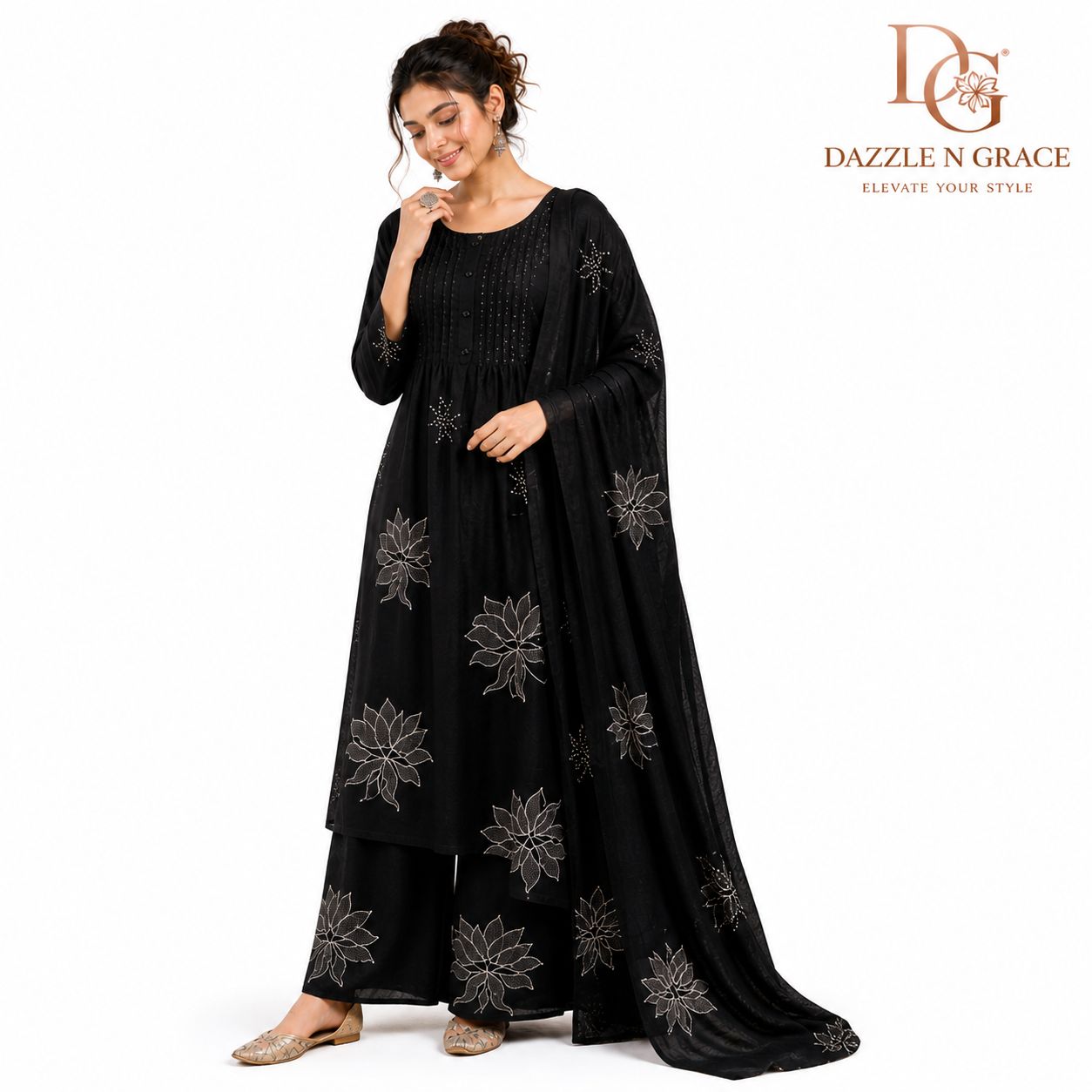 Black Floral Print Salwar Suit Set with Dupatta | Pintuck Placket Ethnic Wear for Women, Colour: Black, Fabric: Other, Size: 3XL