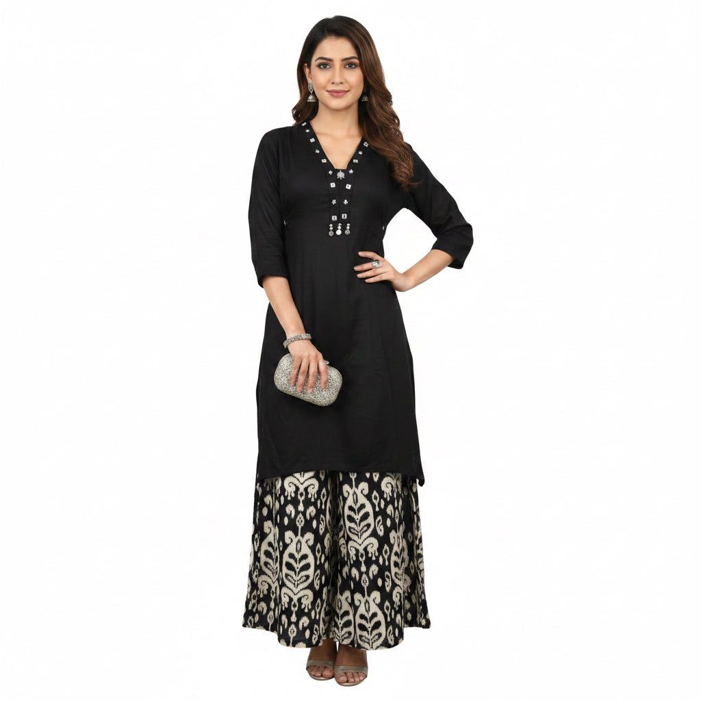 Black Floral Printed Short Kurta with Palazzo | Indo-Fusion Ethnic Coord Set for Women, Colour: Black, Fabric: Other, Size: M