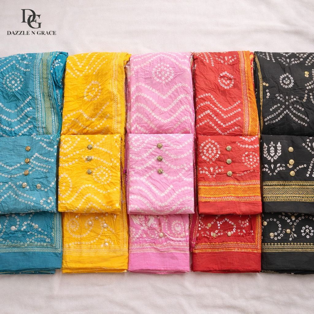 Bandhani &amp; Leheriya Printed Cotton Dress Material Set | Tie-Dye Diagonal Stripe Premium Soft Cotton | Unstitched