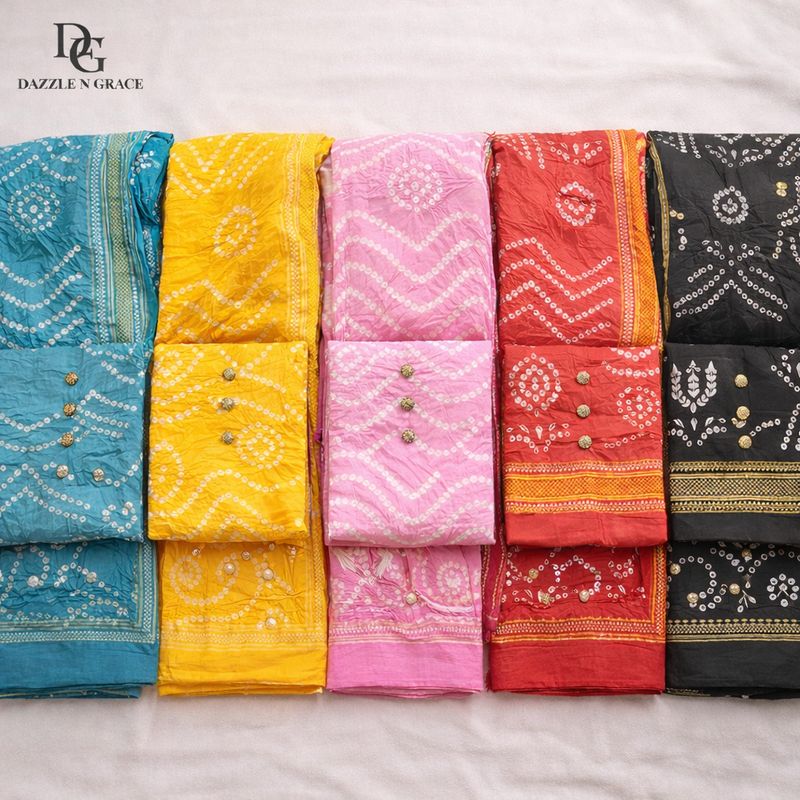 Bandhani &amp; Leheriya Printed Cotton Dress Material Set | Tie-Dye Diagonal Stripe Premium Soft Cotton | Unstitched