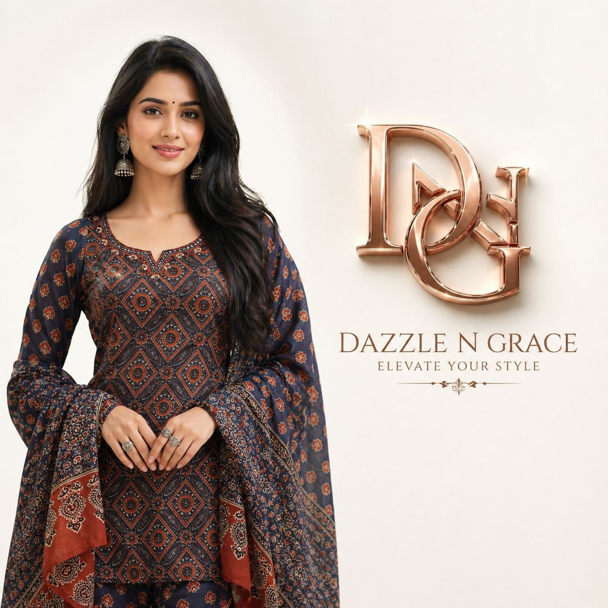 Blue &amp; Rust Geometric Print Salwar Suit with Dupatta | Elegant Ethnic Wear for Women