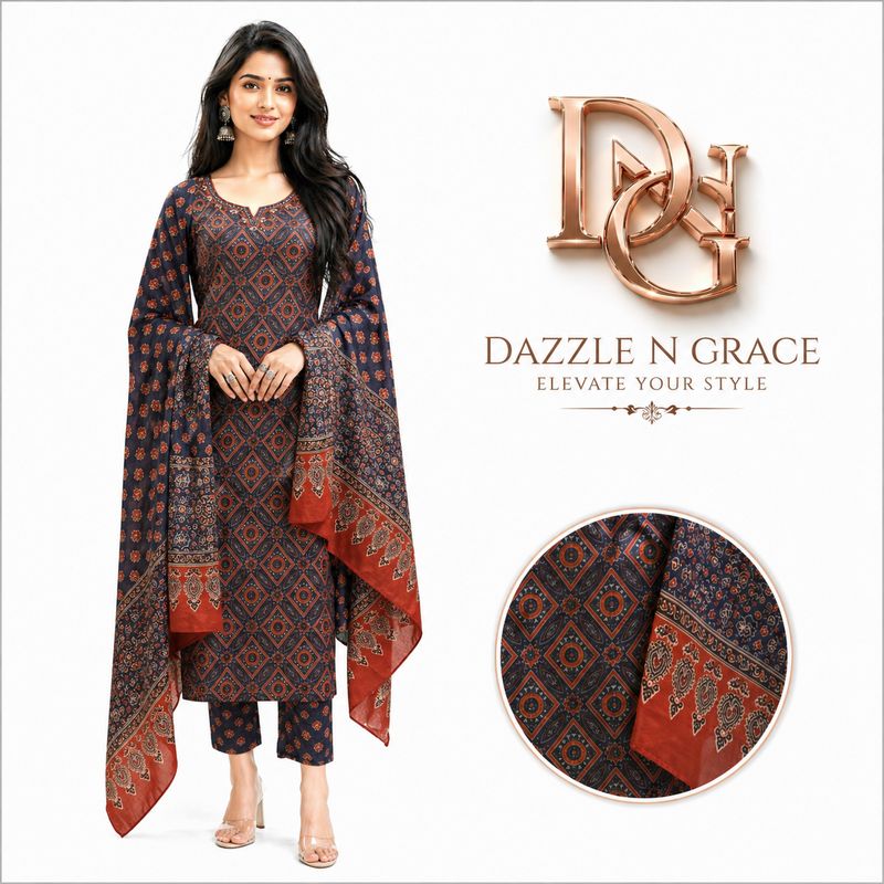 Blue &amp; Rust Geometric Print Salwar Suit with Dupatta | Elegant Ethnic Wear for Women