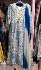 Blue &amp; Ivory Printed Full Suit with Embroidered Neckline &amp; Ombre Dupatta | Festive Ethnic Wear, Colour: Blue And Ivory, Fabric: Other, Size: L