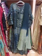 Blue Indigo Patch Printed Suit Set with Mirror Neckline, Pant &amp; Ombre Dupatta | Festive Ethnic Wear