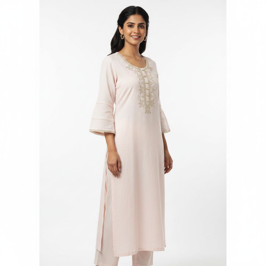 Elegant Embroidered pastel pink Long Kurti for Women, Colour: Pastel Pink, Fabric: Cotton, Size: M