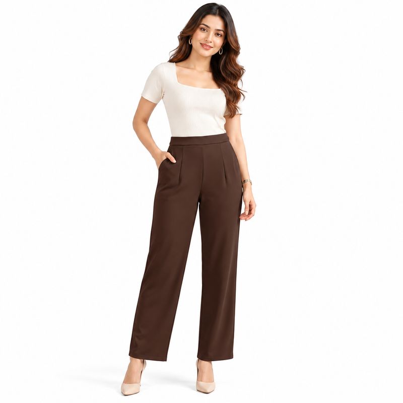Elegant High-Waist Straight-Fit Pants — Polished Polyester Trousers for Women