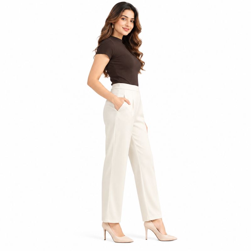 Elegant High-Waist Straight-Fit Pants — Polished Polyester Trousers for Women