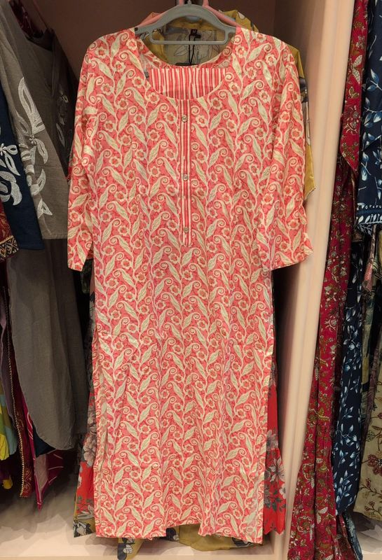 Coral Orange Leaf Printed Straight Kurti and Pant | Vine Leaf Beige Stripe Panel Neck Cotton Blend | Office Festive
