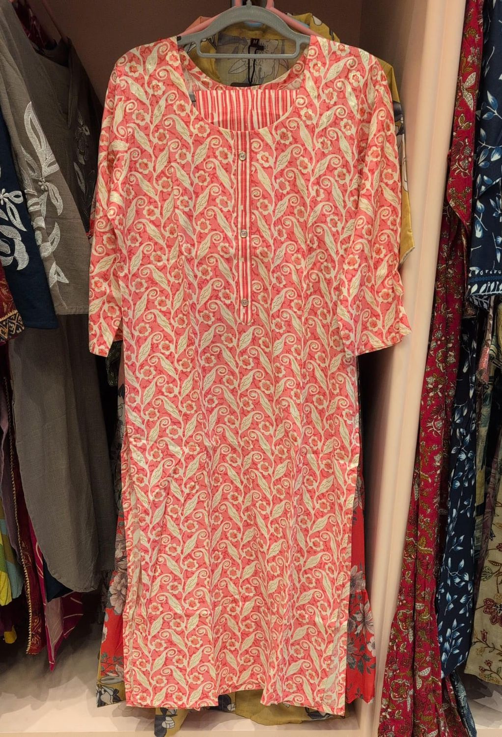 Coral Orange Leaf Printed Straight Kurti and Pant | Vine Leaf Beige Stripe Panel Neck Cotton Blend | Office Festive, Colour: Orange, Fabric: Cotton, Size: L