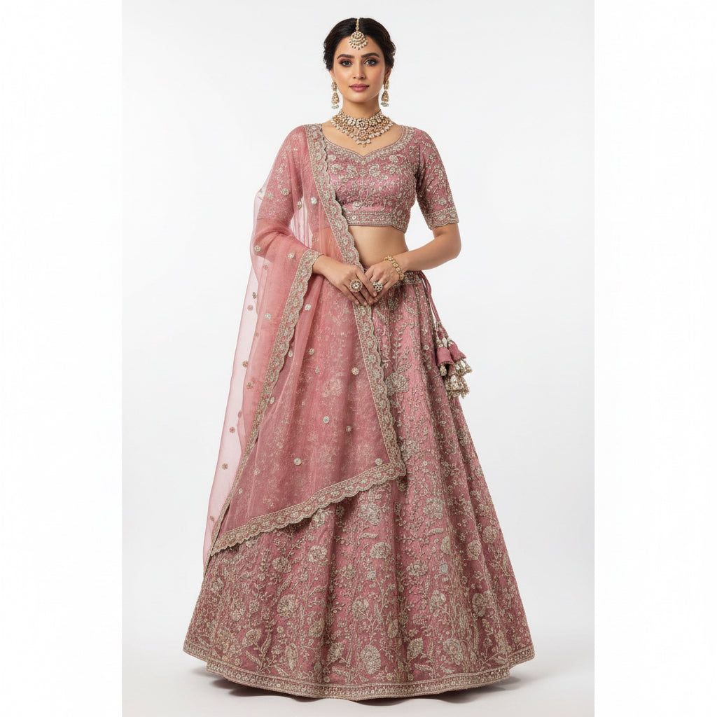 Dusty Rose Gold Zari Sequin Embroidered Silk Lehenga Set | Mughal Floral Motifs | 3-Piece Bridal Festive Wear, Material: Imitation, Style: Ring