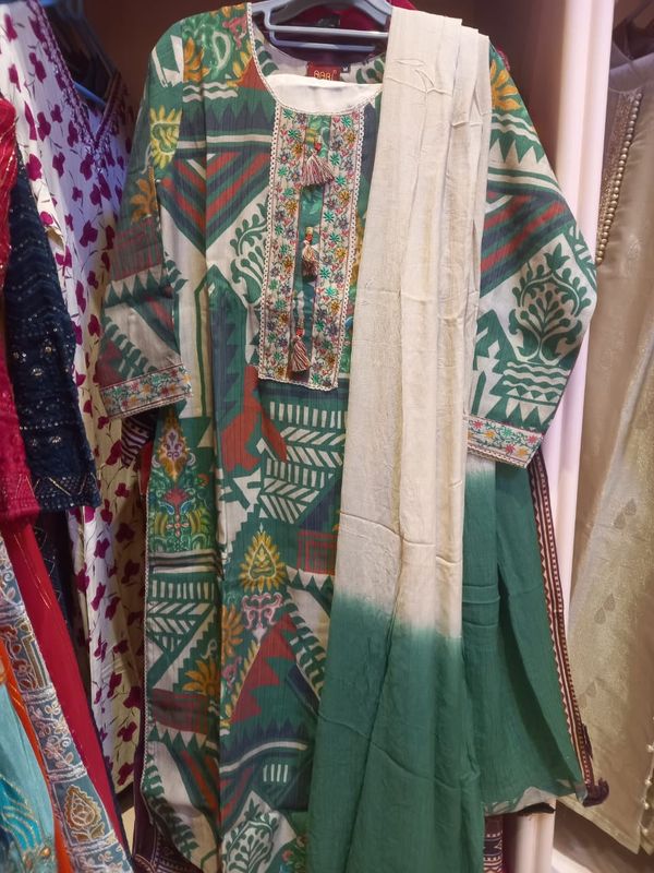 Green Multicolor Printed Ethnic Boho Fusion Suit Set with Pant &amp; Dupatta | Festive Ethnic Wear