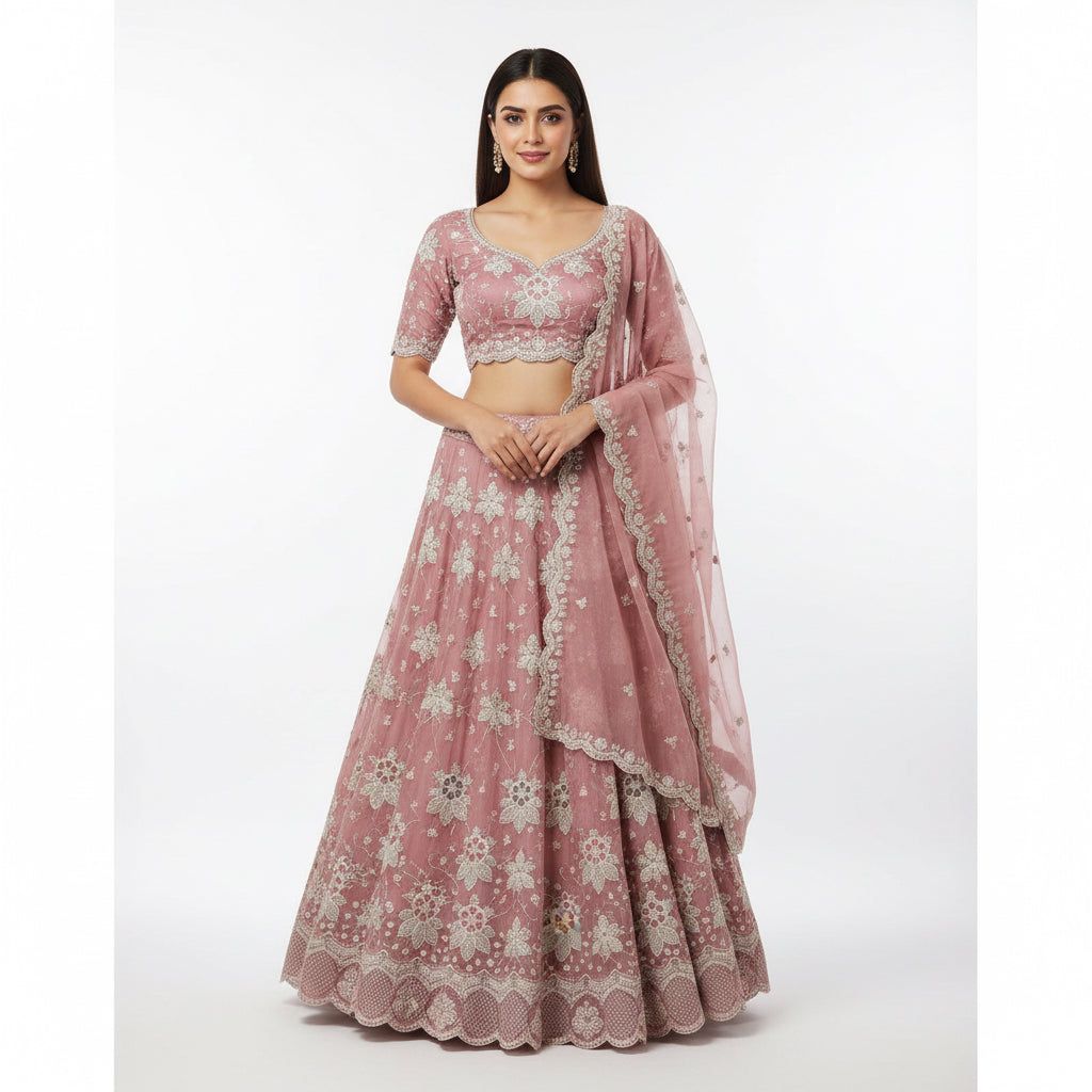 Dusty Rose Floral Embroidered Ghaghra Choli Set | Zari Sequin Cut-Work | Bridal Wear