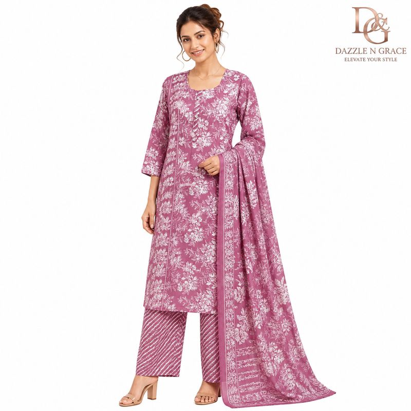 Dusty Rose Floral Printed Straight Kurti with Stripe Panel Placket, Pant &amp; Dupatta | Casual Ethnic Wear