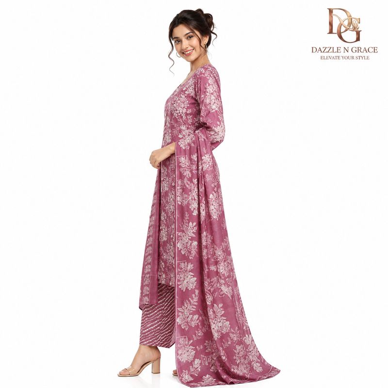 Dusty Rose Floral Printed Straight Kurti with Stripe Panel Placket, Pant &amp; Dupatta | Casual Ethnic Wear