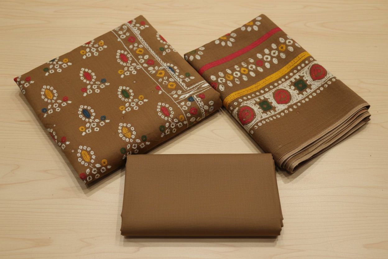 Handcrafted Brown Bandhani Print Cotton Dress Material | Mirror Geometric Floral | Lace Dupatta | 3-Piece Unstitched, Material: Imitation, Style: Ring
