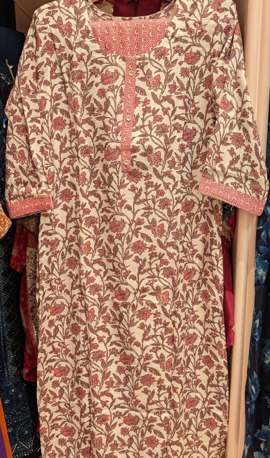 Ivory &amp; Blush Floral Jaal Kurta with Contrast Yoke | Casual Festive Ethnic Wear for Women