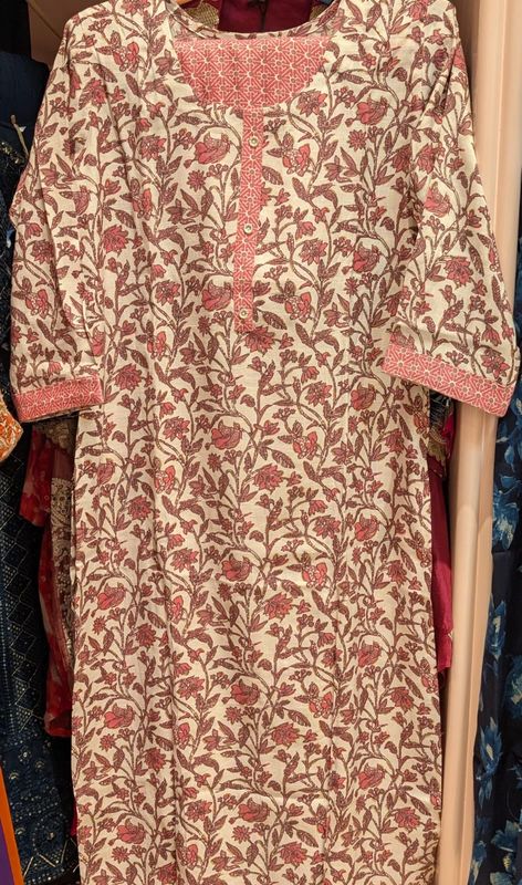 Ivory &amp; Blush Floral Jaal Kurta with Contrast Yoke | Casual Festive Ethnic Wear for Women