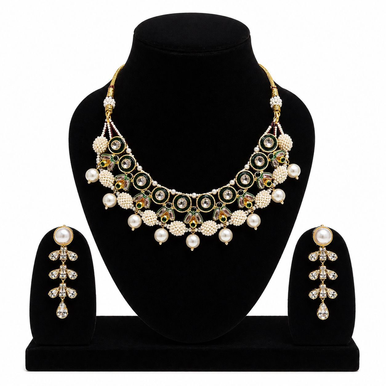Emerald Green Kundan Pearl Necklace Set, Colour: Emerald Green &amp; Gold with white pearl, Jewelry type: Imitation jewelry, Necklace design: Statement
