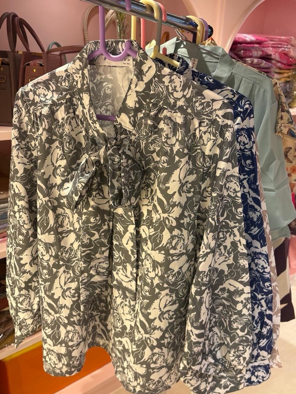 Floral Printed Bow-Tie Neck Top — Rayon Blend in 4 Elegant Colour Combinations, Colour: Grey White Floral P, Fabric: Rayon, Size: Free Size