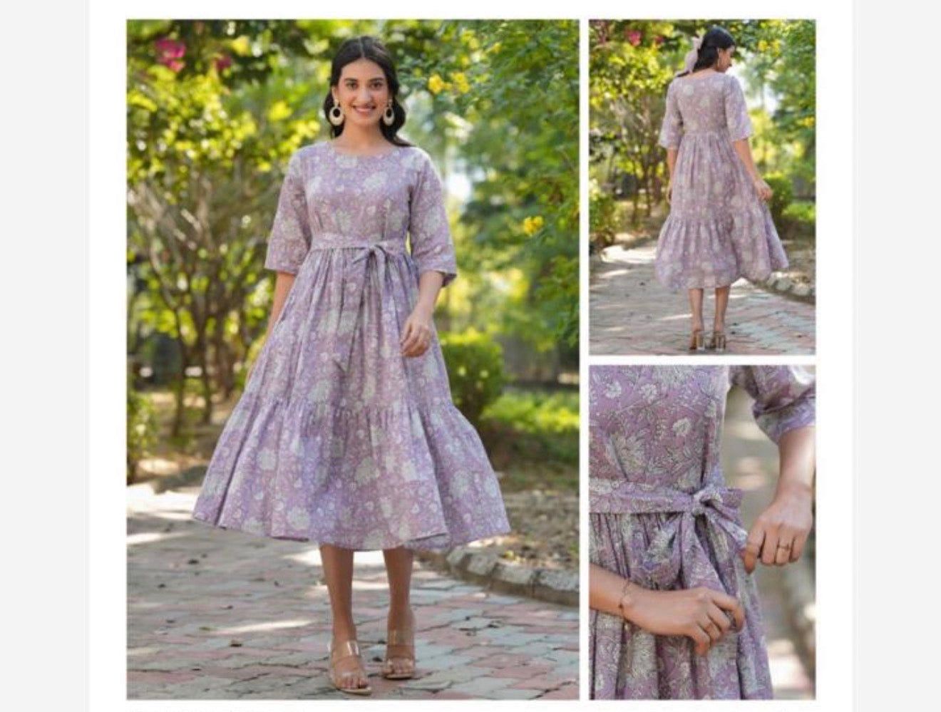Jenesiya Lavender &amp; White Floral Tiered Midi Dress — Cotton with Tie-Up Belt, Colour: Lavender White Flora, Fabric: Cotton, Size: S
