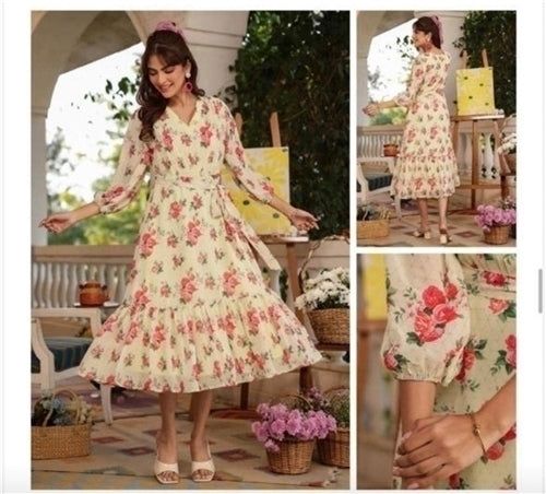 Jenesiya Ivory Floral Tiered Midi Dress — Georgette with Tie-Up Waist &amp; Frilled Hem