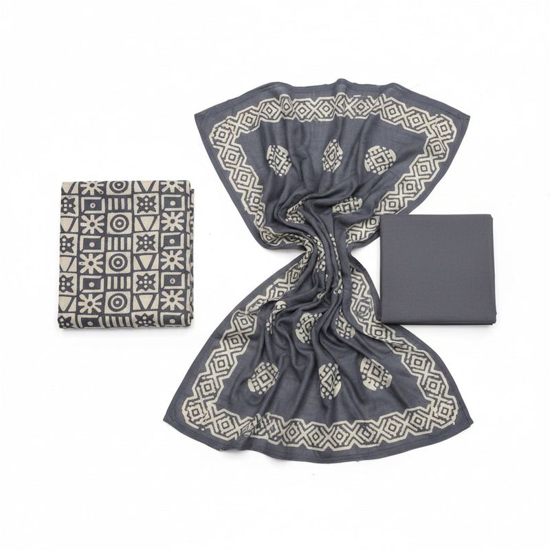 Indigo Blue &amp; White Handblock Printed Cotton Dress Material | Mirror Floral Geometric | 3-Piece Unstitched Suit