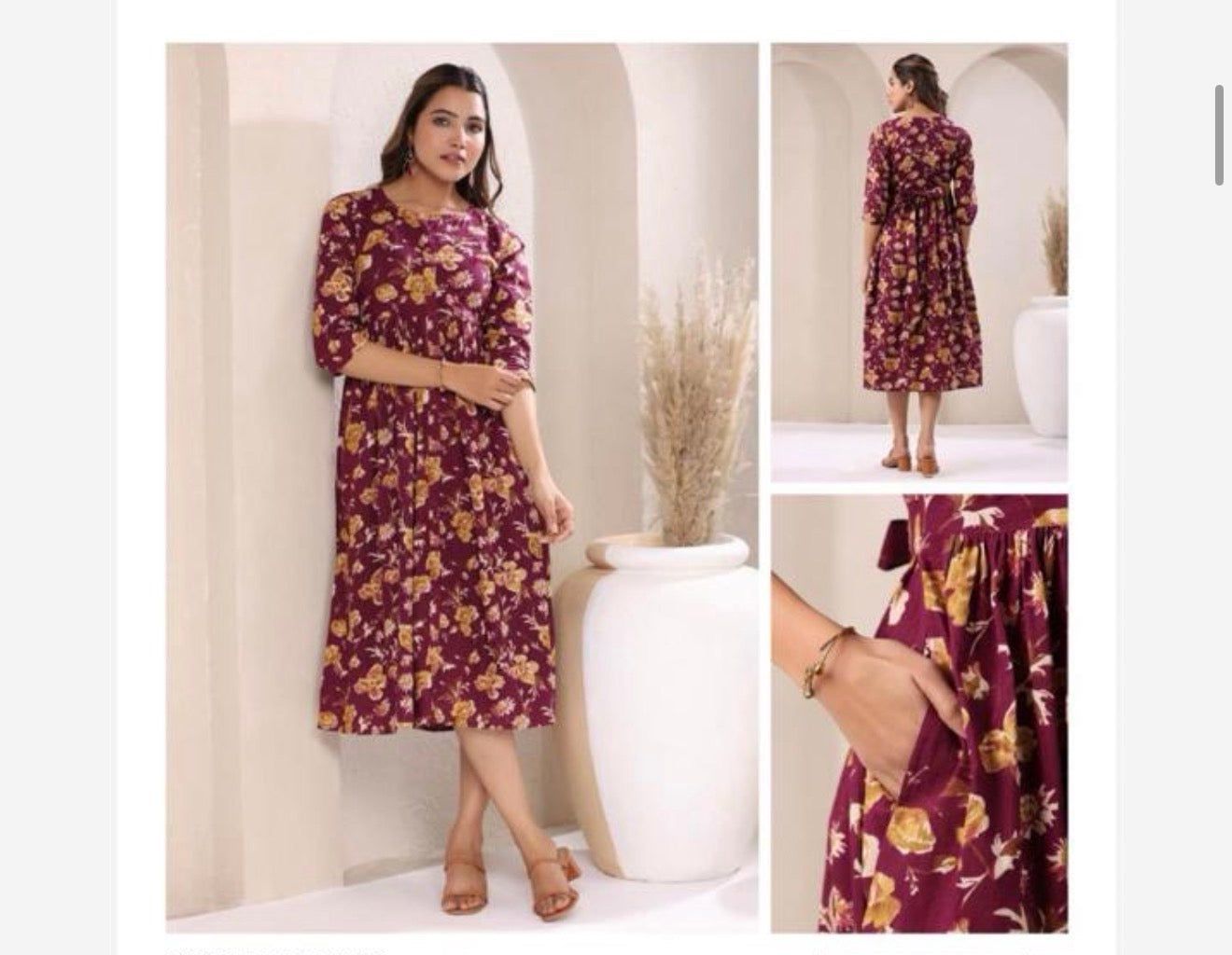 Jenesiya Maroon &amp; Yellow Floral Midi Dress — Cotton with Waist Tie &amp; Side Pockets, Colour: Rich Maroon, Fabric: Cotton, Size: S