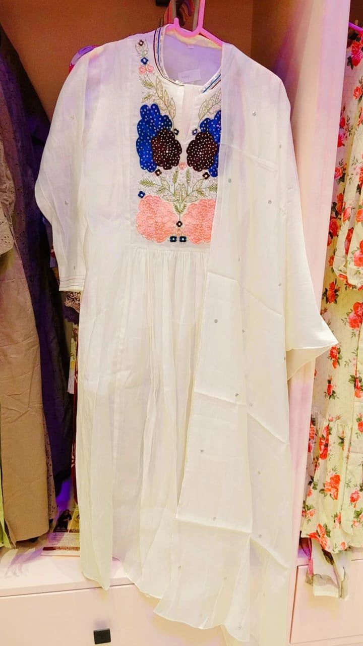 Ivory Yoke-Embroidered Anarkali Kurta with Dupatta &amp; Pants | 3-Piece Festive Ethnic Set