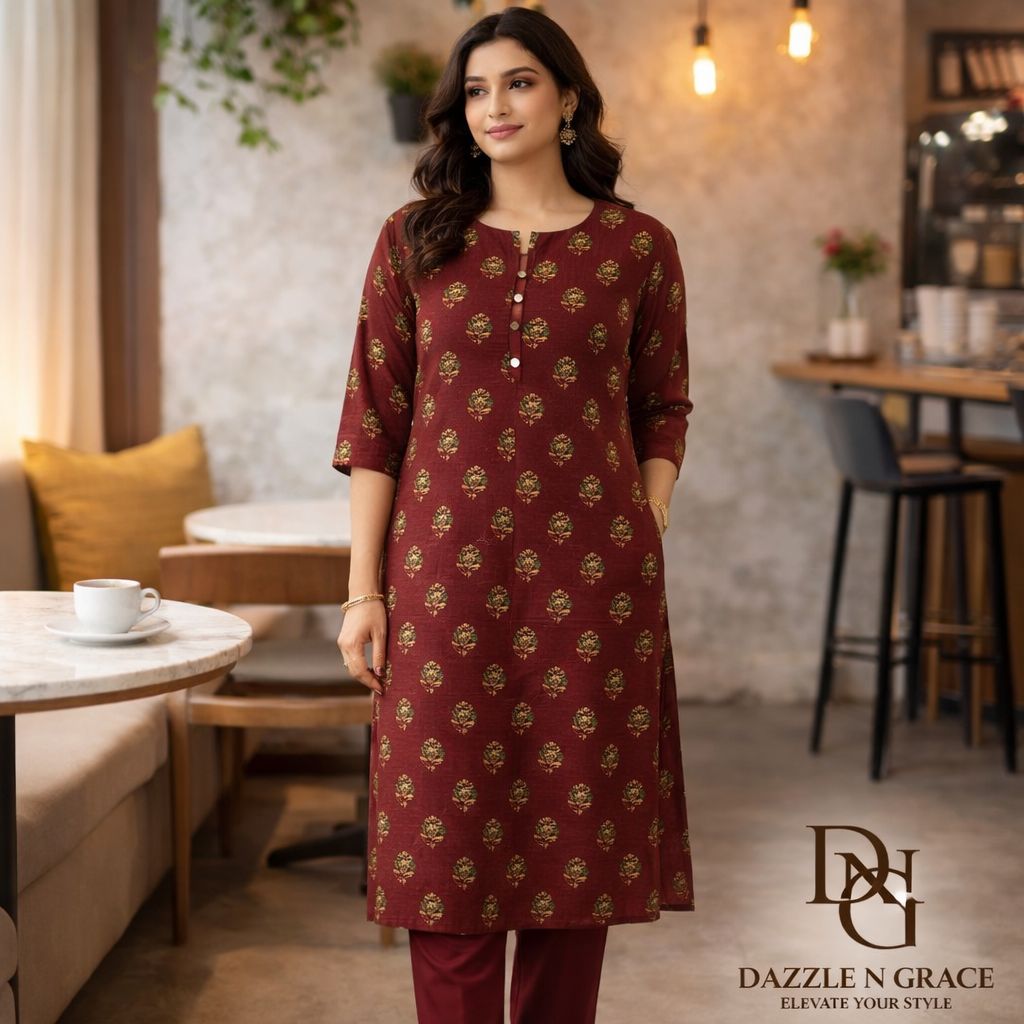 Handblock Printed Cotton Straight Kurti Maroon Floral Motif
