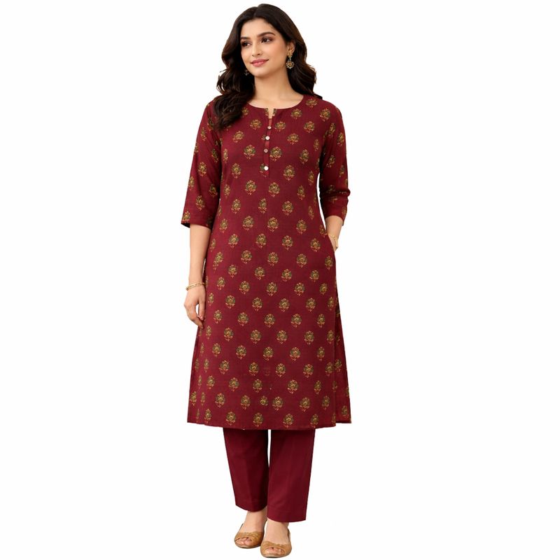 Handblock Printed Cotton Straight Kurti Maroon Floral Motif