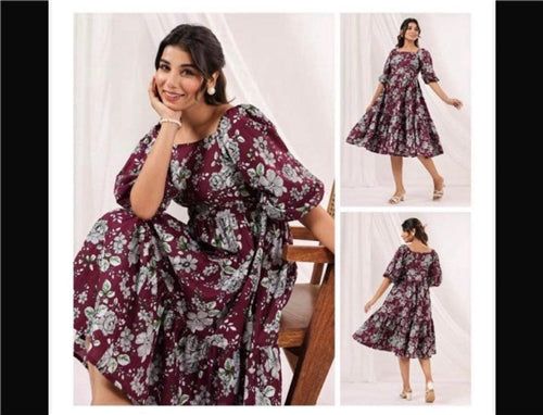 Jenesiya Wine Floral Tiered Midi Dress — Georgette with Puff Sleeves &amp; Square Neck