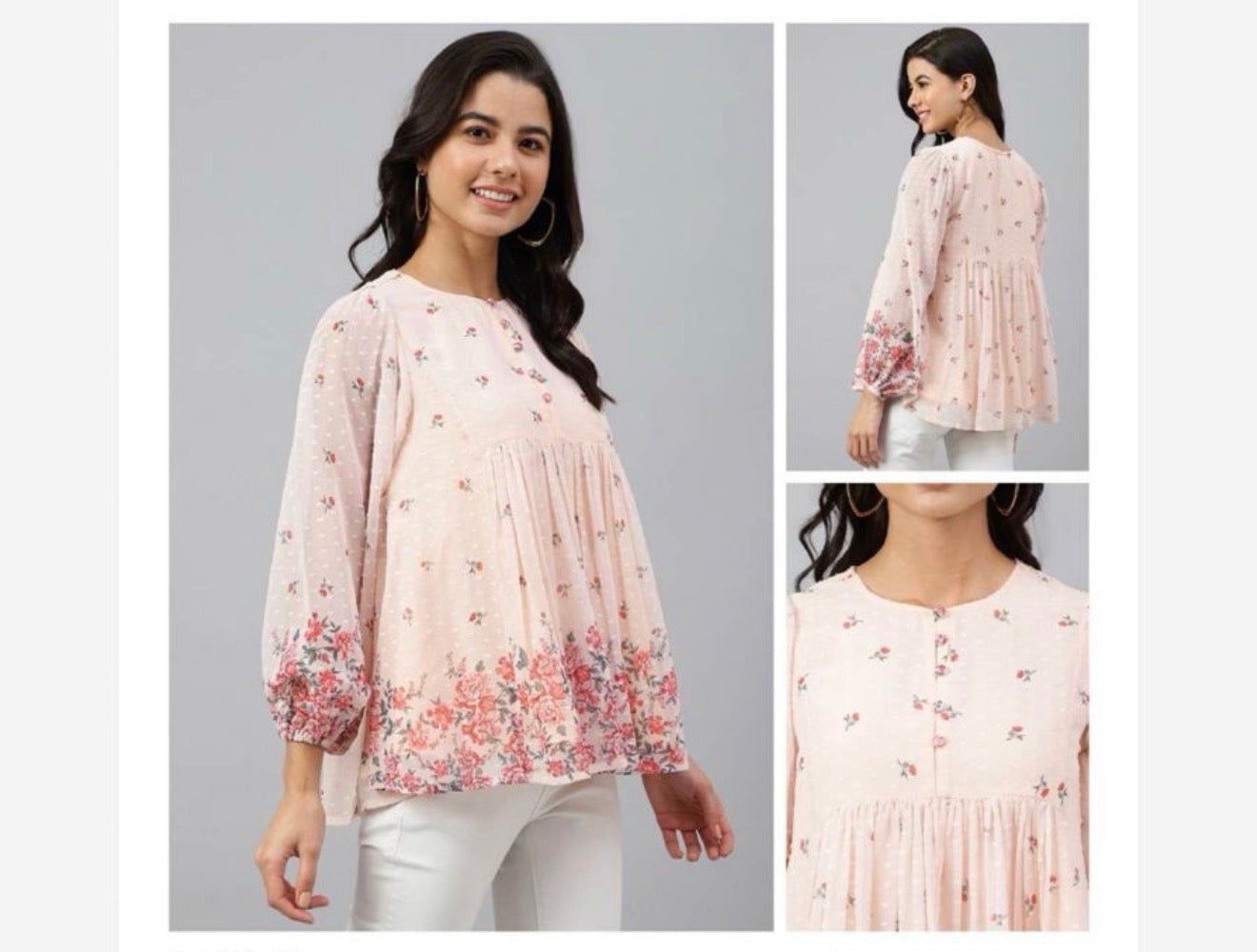 Jenesiya Blush Pink Floral Georgette Peasant Top — Balloon Sleeves &amp; Button Front